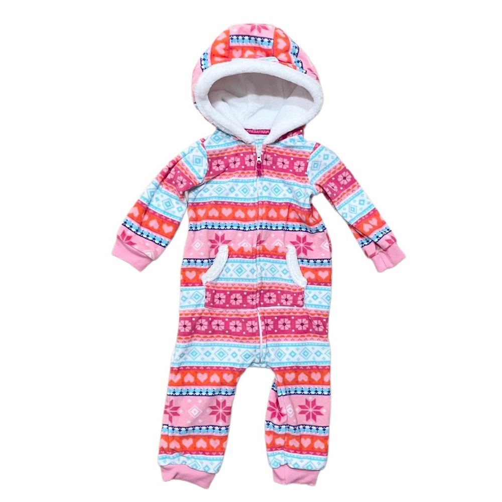 Carters  Soft Fleece Comfy Heart Hooded One Piece Baby Toddler Zip Up 12m